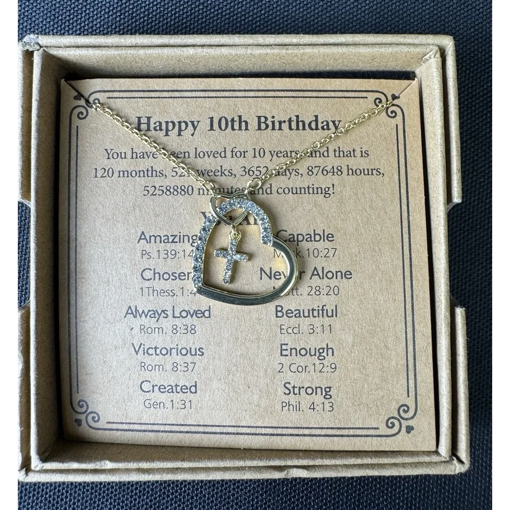 ESPVO Happy 10th Birthday Necklace 14K GoldPlated Heart & Cross Girl Gifts
